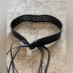 Black Leather Laser Cut Belt with Long Laces, Size M